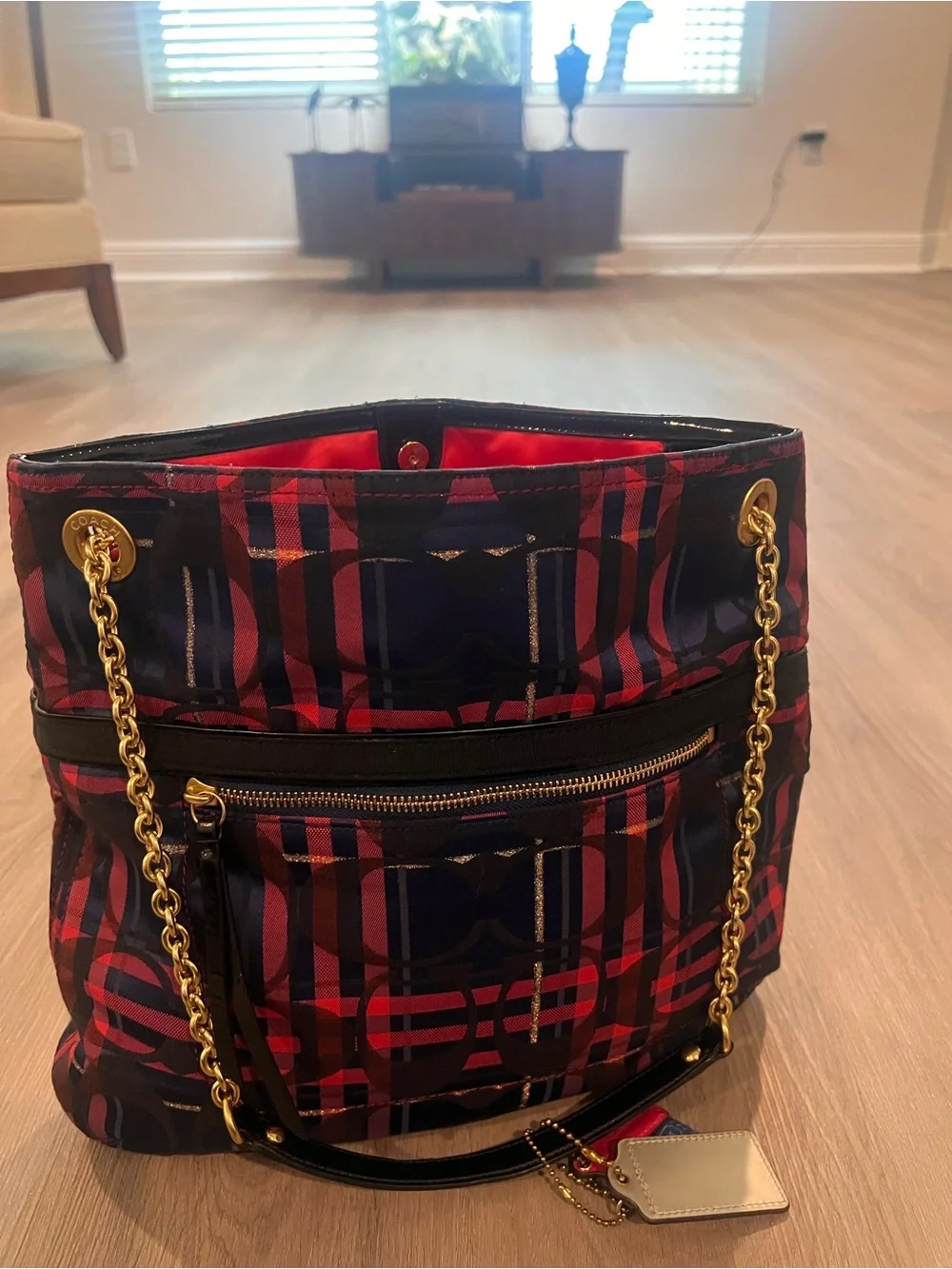 Coach Poppy metallic Tartan Plaid slim chain tote